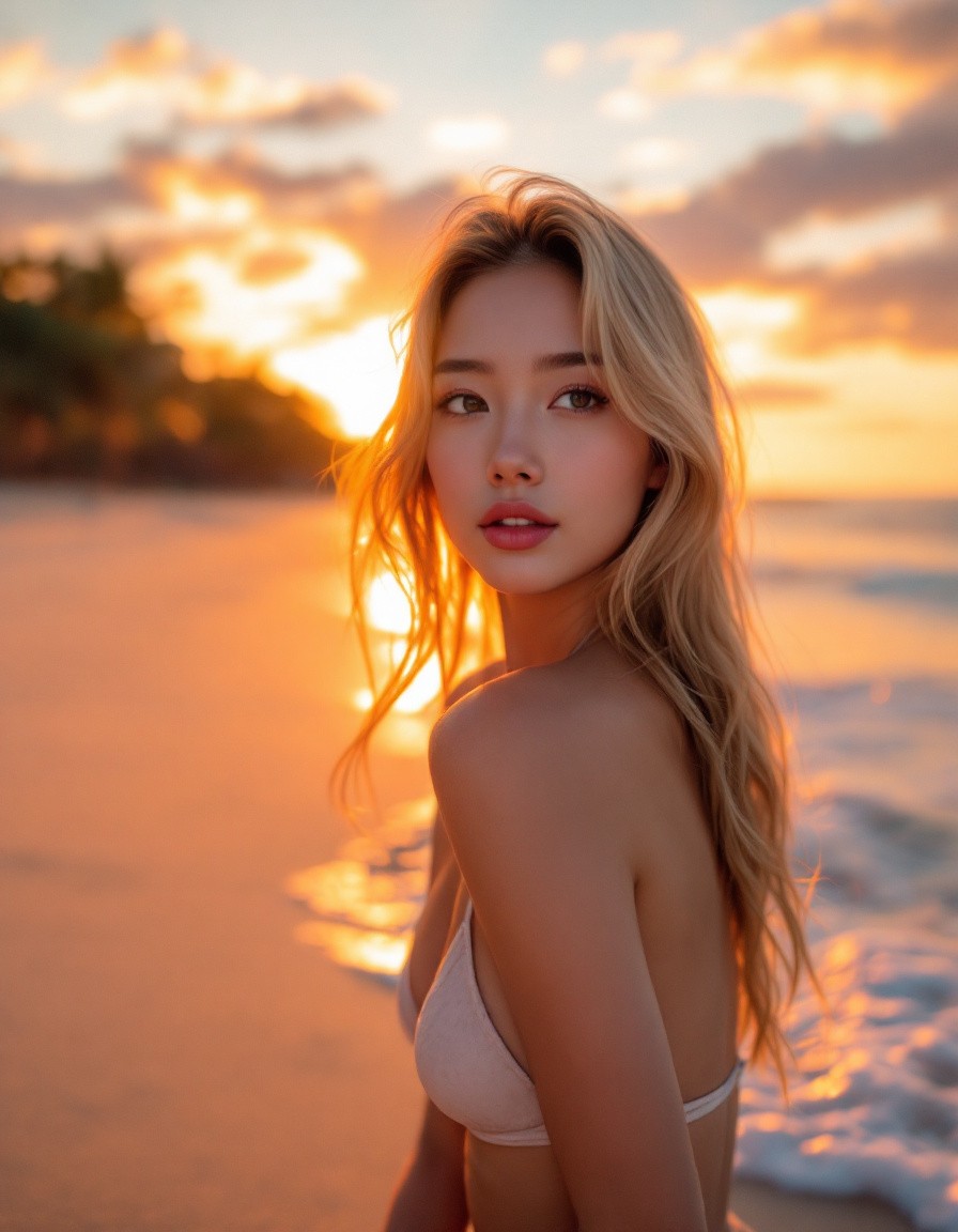 IMG_8102.CR2: Beautiful Asian girl, blonde hair, bikini, sunset beach, gentle waves, golden sky, soft sand, serene expression, vibrant colors, artistic lighting, captivating composition, Instagram aesthetic., photorealistic, grain, 4K, f/5.6, ISO 500