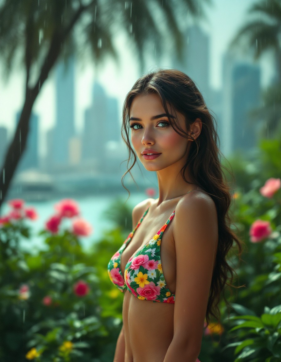 IMG_8102.CR2: Beautiful young caucasian girl, brunette hair, vibrant flowers bikini, standing confidently, soft raindrops falling, big city backdrop, Dubai skyline visible, lush greenery around, gentle rain enhances colors, serene expression, elegant pose, lively atmosphere, perfect blend of nature and urban, ideal for Instagram., photorealistic, grain, 4K, f/5.6, ISO 500