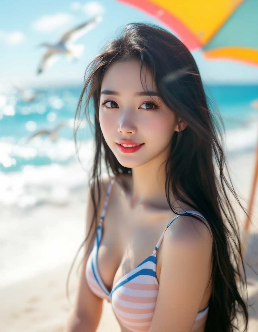 IMG_8102.CR2: Beautiful Asian girl, striped bikini, long black hair, sunlit glow, sandy beach, vibrant blue ocean, gentle waves, colorful beach umbrella, soft focus, sparkling water, playful seagulls, Instagram-worthy shot., photorealistic, grain, 4K, f/5.6, ISO 500