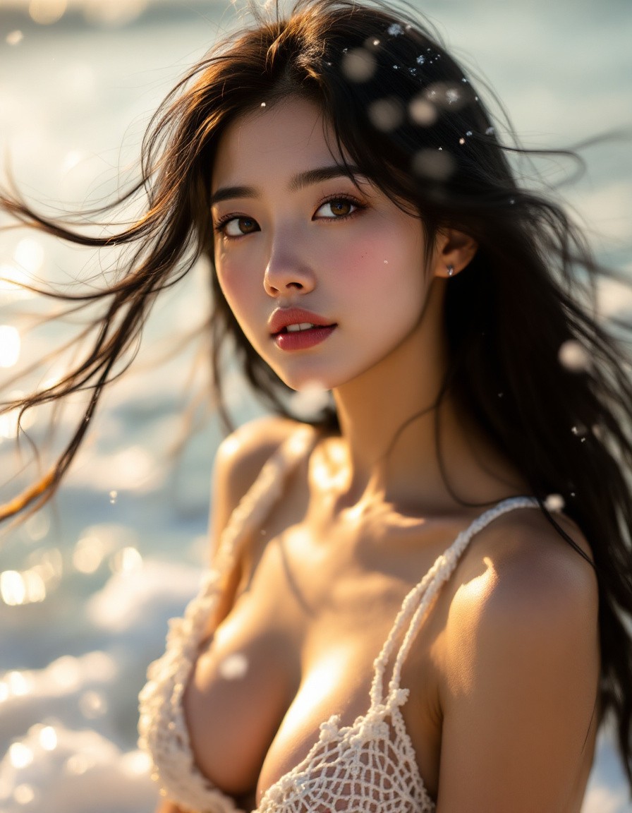 IMG_8102.CR2: Asian girl, crochet bikini, beach setting, serene and snowy ambiance, black hair flowing, natural beauty, sunlit, playful waves, golden hour glow, artistic, Instagram-worthy., photorealistic, grain, 4K, f/5.6, ISO 500