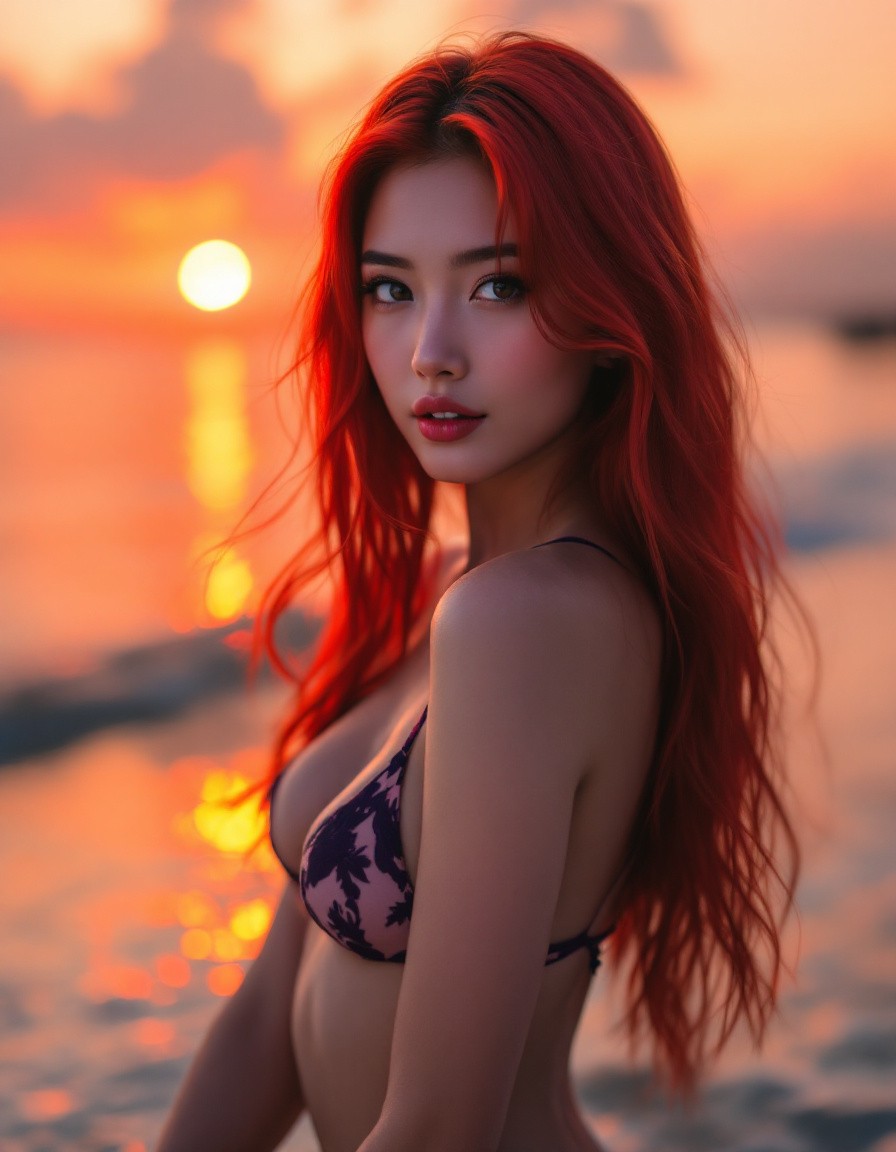 IMG_8102.CR2: A captivating young Asian woman with striking red hair, standing confidently by the beach at sunset. Her bikini-clad figure is gracefully silhouetted against the glowing horizon, exuding elegance and charm as the gentle waves kiss her feet., photorealistic, grain, 4K, f/5.6, ISO 500